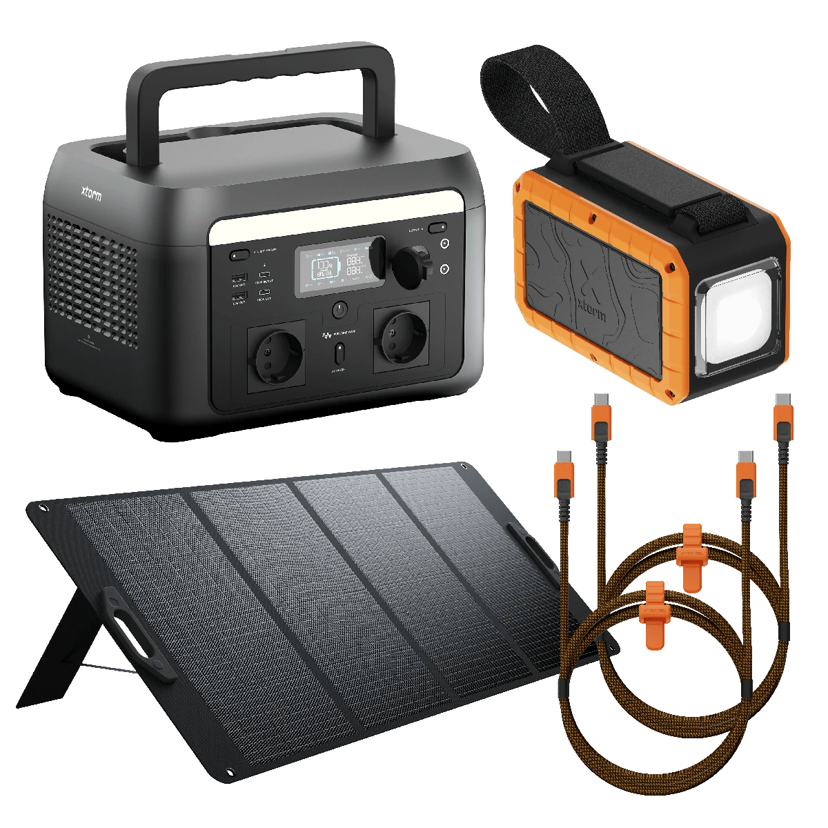 Emergency Package Bundle XL: Power Station 600W, Solar Panel 200W, Flashlight Power Bank, 2x 240W Cables